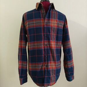Goodfellow & Co Mens Flannel Long Sleeve Button Up Shirt Navy Orange Plaid Small